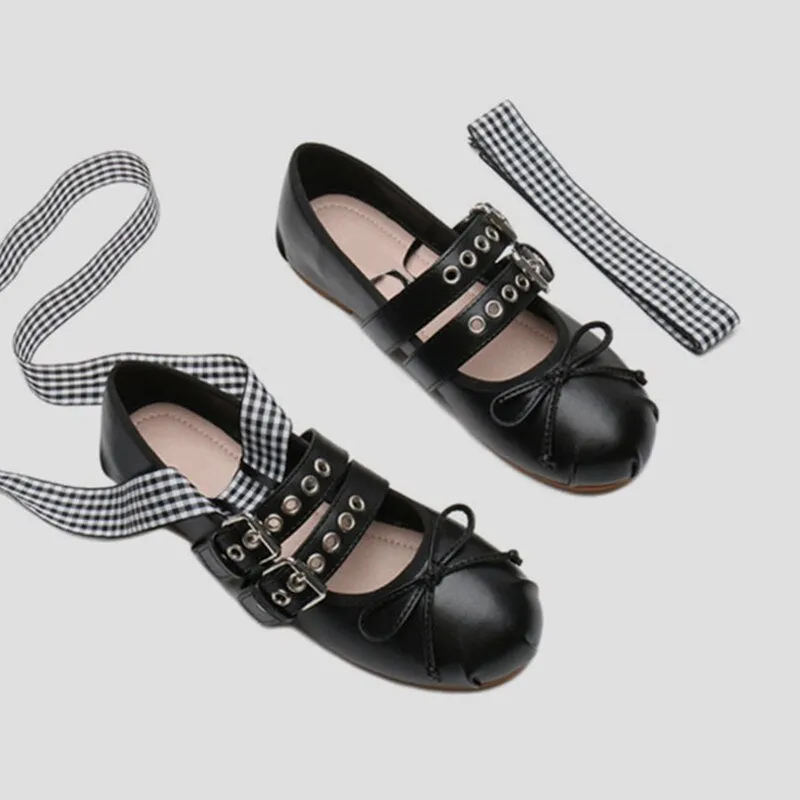 2023 Spring Summer Brand Design Women Flat Shoes Ankle Strap Ballet Flats Women Round Toe Buckle Loafers Women Bowtie Shoes