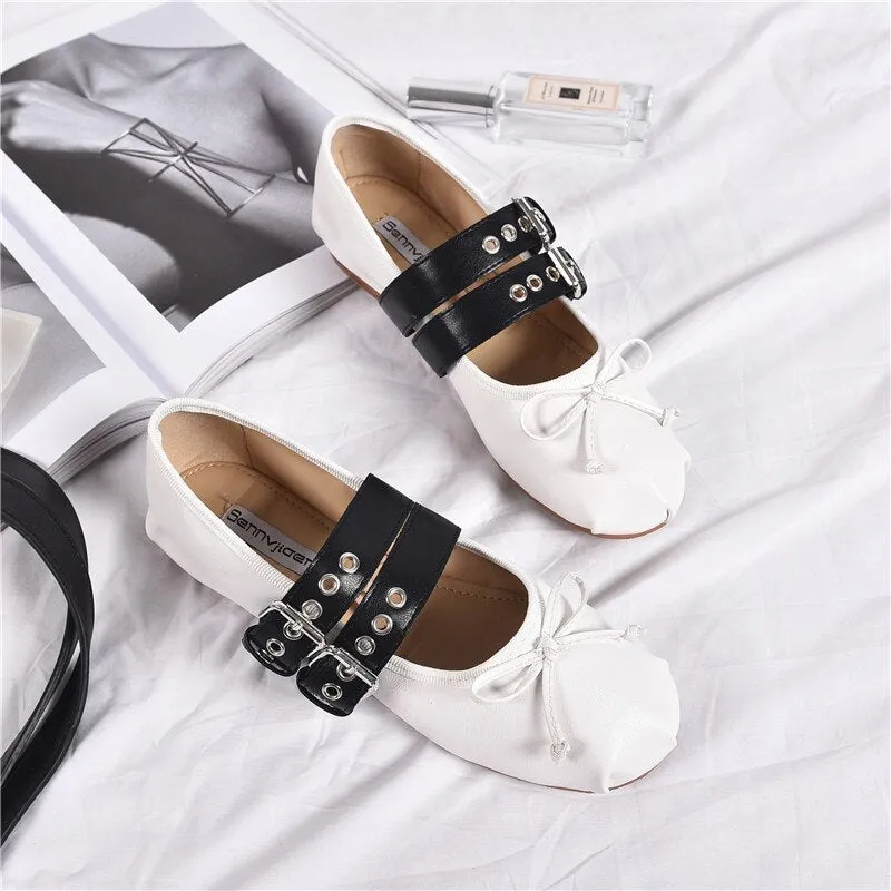 2023 Spring Summer Brand Design Women Flat Shoes Ankle Strap Ballet Flats Women Round Toe Buckle Loafers Women Bowtie Shoes