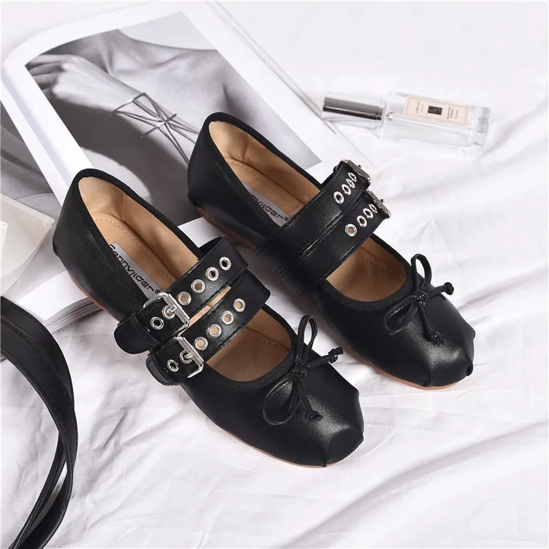 2023 Spring Summer Brand Design Women Flat Shoes Ankle Strap Ballet Flats Women Round Toe Buckle Loafers Women Bowtie Shoes