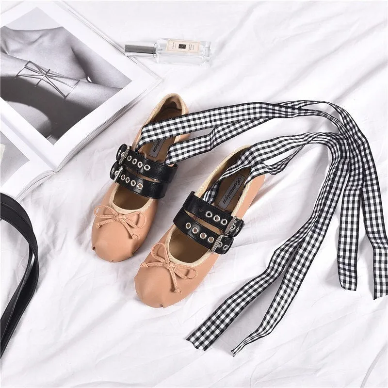 2023 Spring Summer Brand Design Women Flat Shoes Ankle Strap Ballet Flats Women Round Toe Buckle Loafers Women Bowtie Shoes