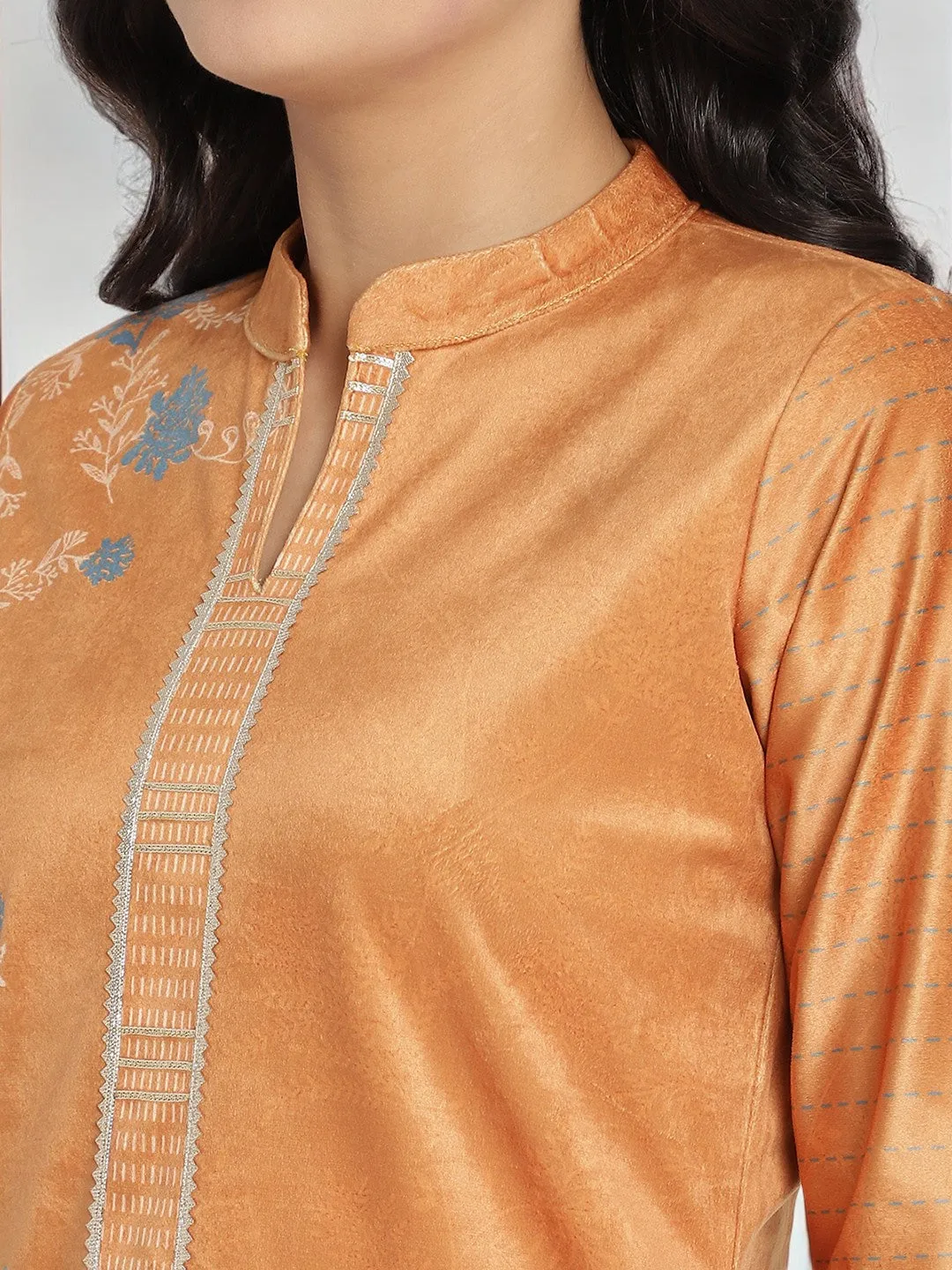 Ahalyaa Women's Orange Color Digital Print Velvet Kurta With Palazzo