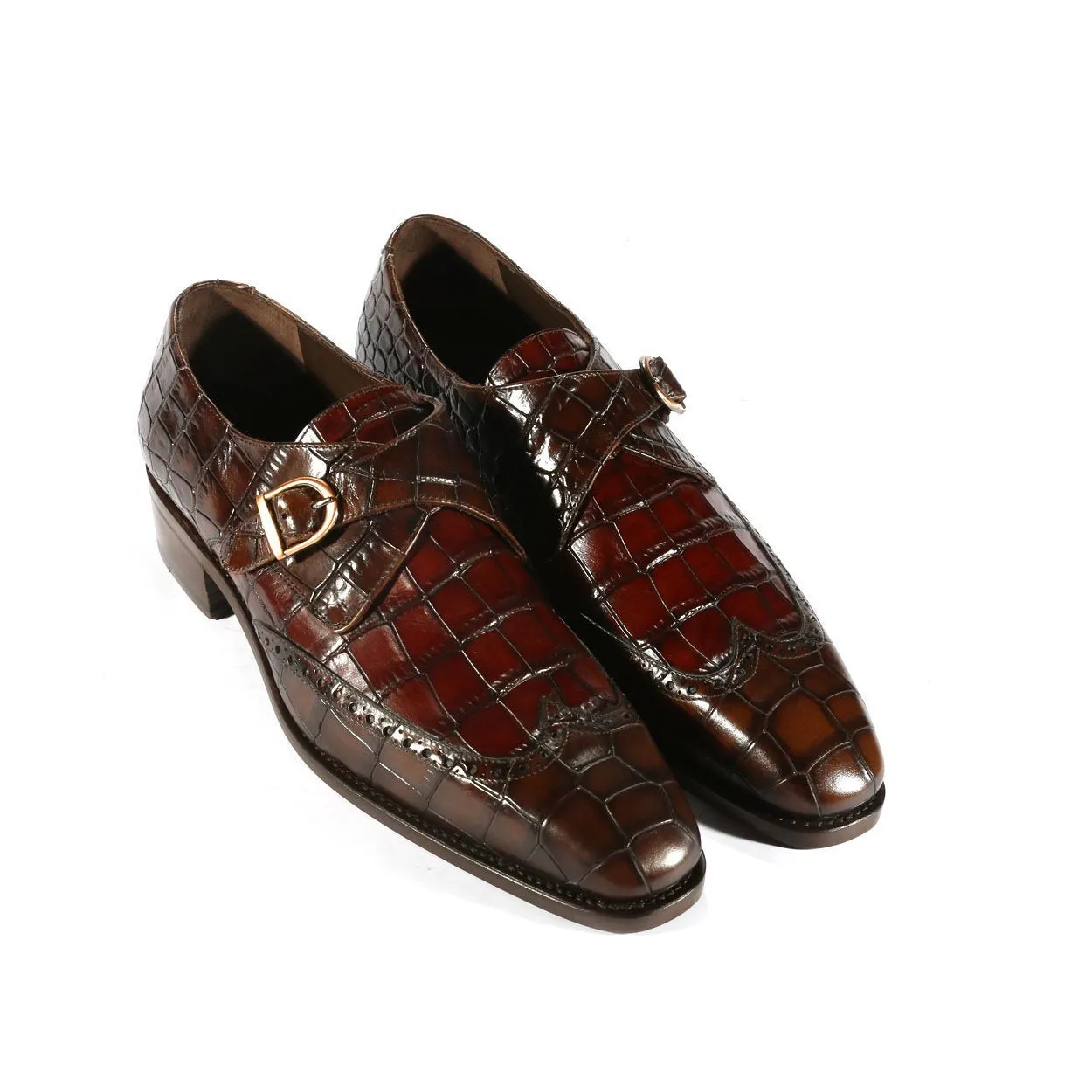 Ambrogio Men's Shoes Dark Brown & Burgundy Crocodile Print / Calf-Skin Leather Monk-Strap Loafers (AMBX1001)