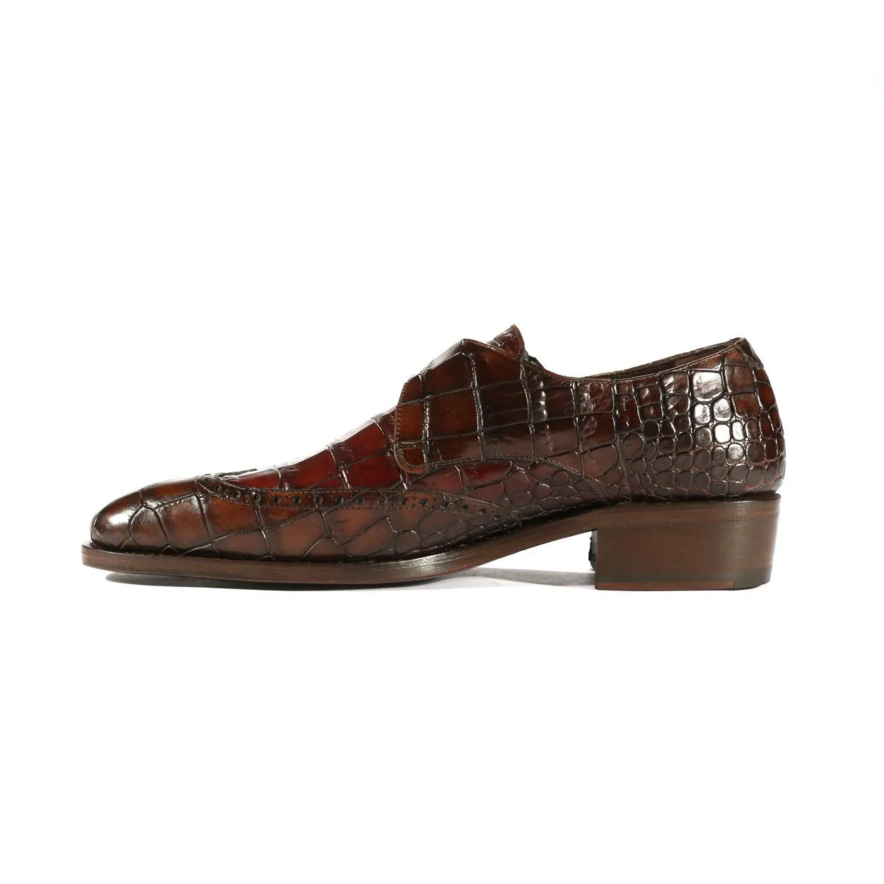 Ambrogio Men's Shoes Dark Brown & Burgundy Crocodile Print / Calf-Skin Leather Monk-Strap Loafers (AMBX1001)