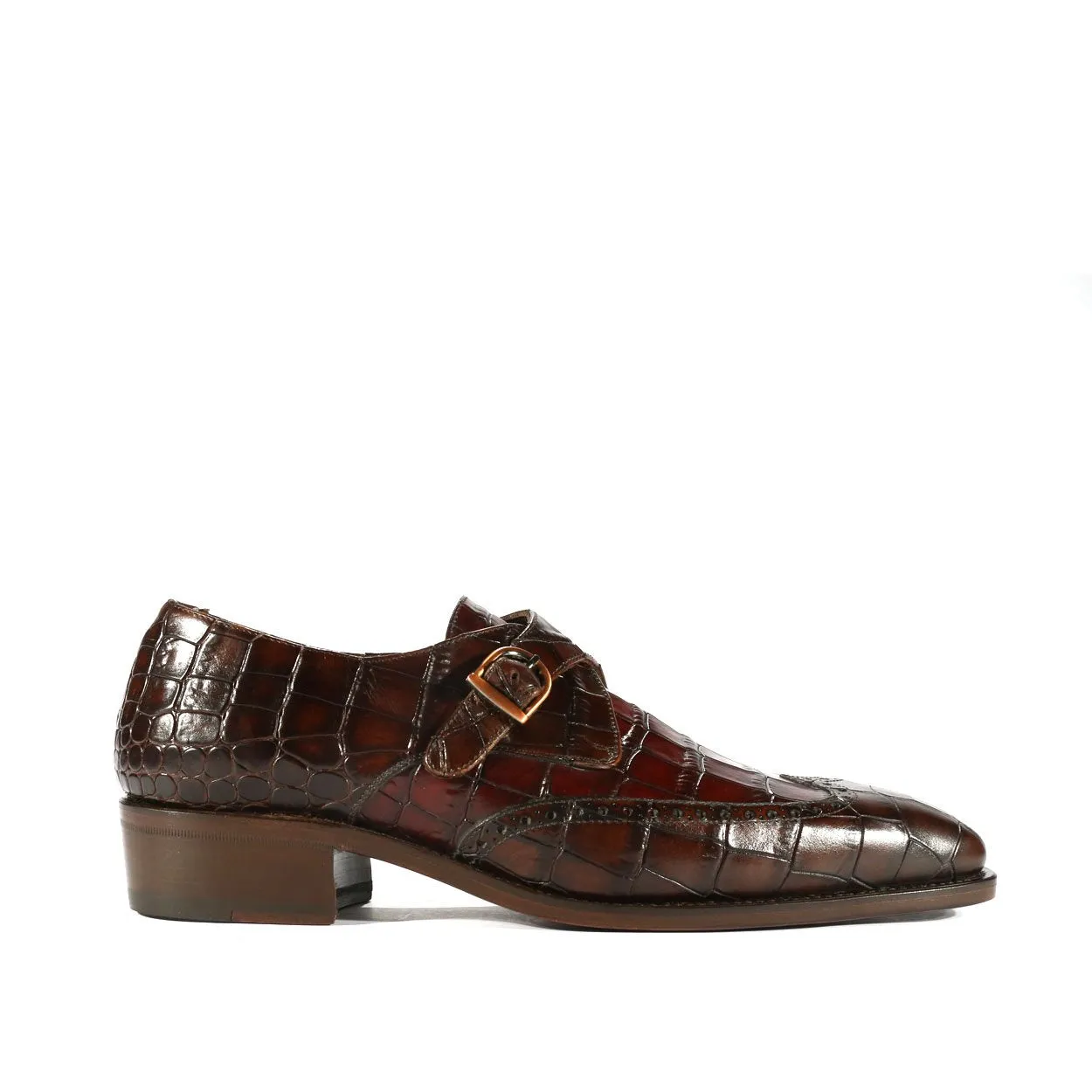 Ambrogio Men's Shoes Dark Brown & Burgundy Crocodile Print / Calf-Skin Leather Monk-Strap Loafers (AMBX1001)