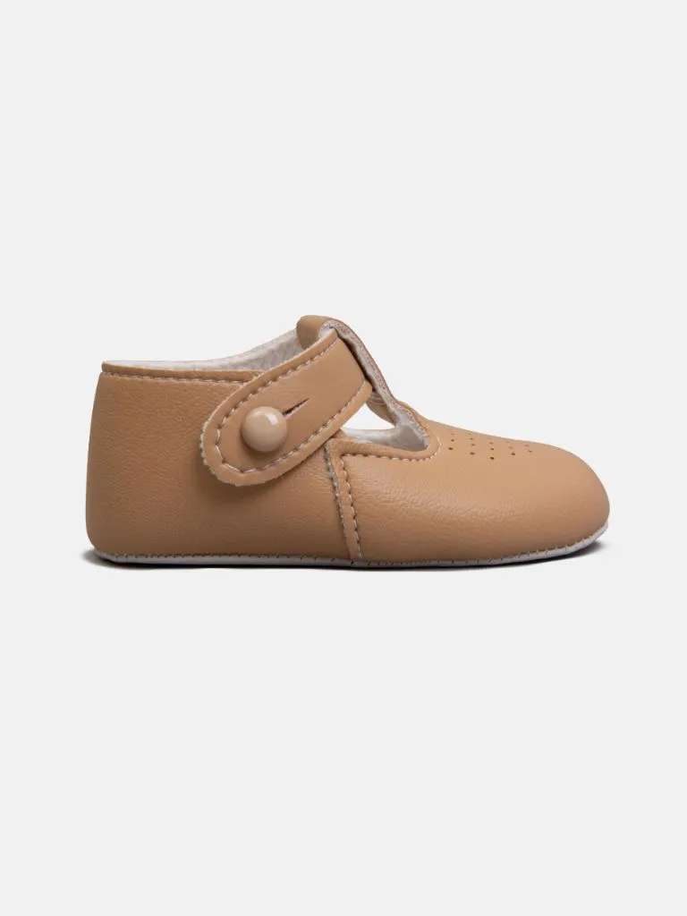 Baypods Soft Sole Boys T-Bar Hole Punched Shoe - Camel Brown