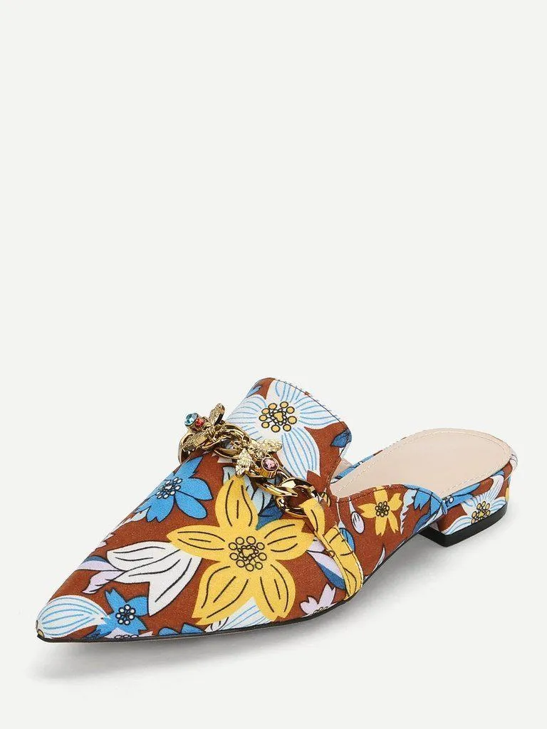 Bee Detail Calico Print Pointed Toe Flats