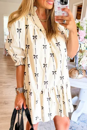 Beige Cute Bowknot Printed Bubble Sleeve V Neck Mini Dress