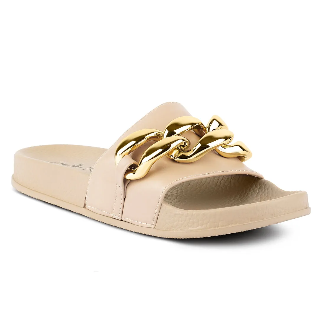 Beige Metallic Chain Metal Slid Flats