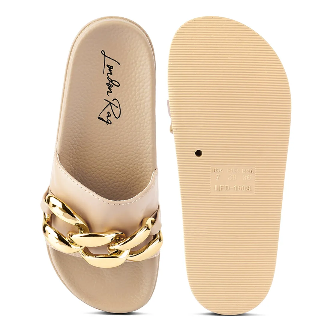 Beige Metallic Chain Metal Slid Flats