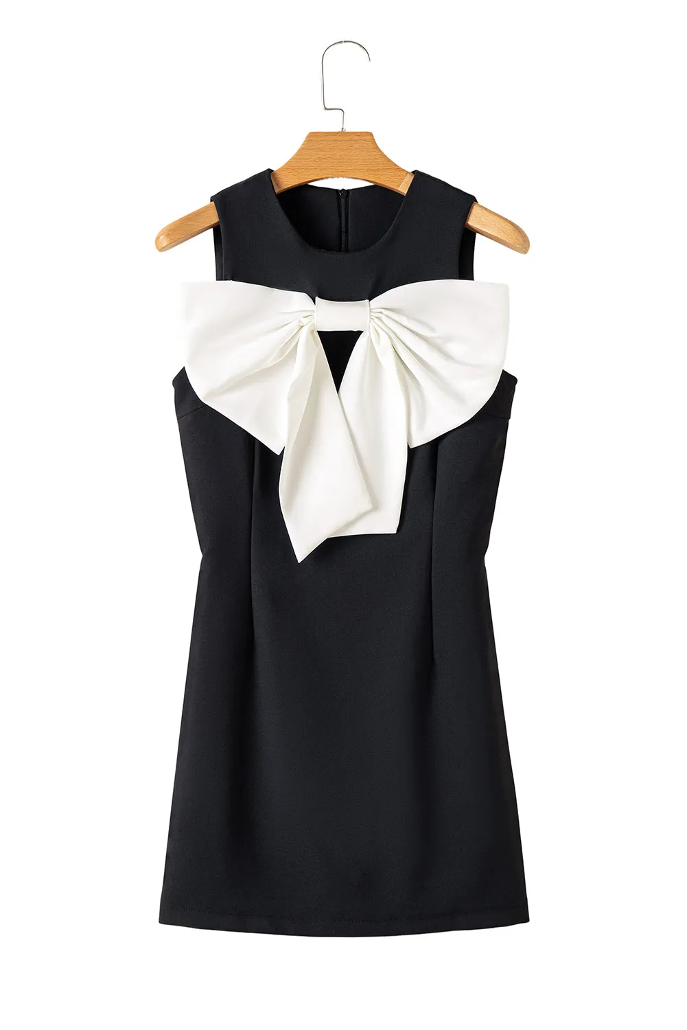 Black Contrast Bowknot Applique Crew Neck Sleeveless Mini Dress