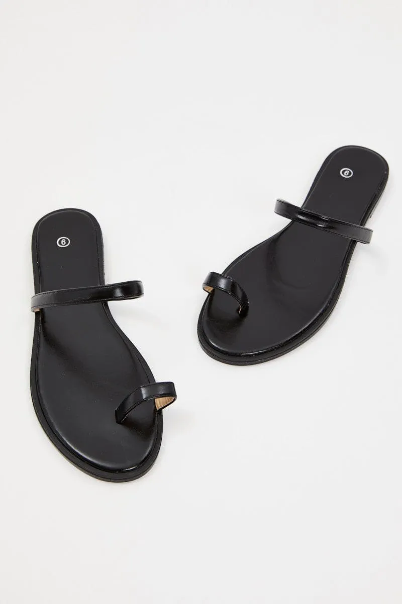 Black Faux Leather Minimal Flat Slides