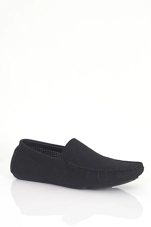 BLACK FAUX SUEDE PERFORATED LOAFERS