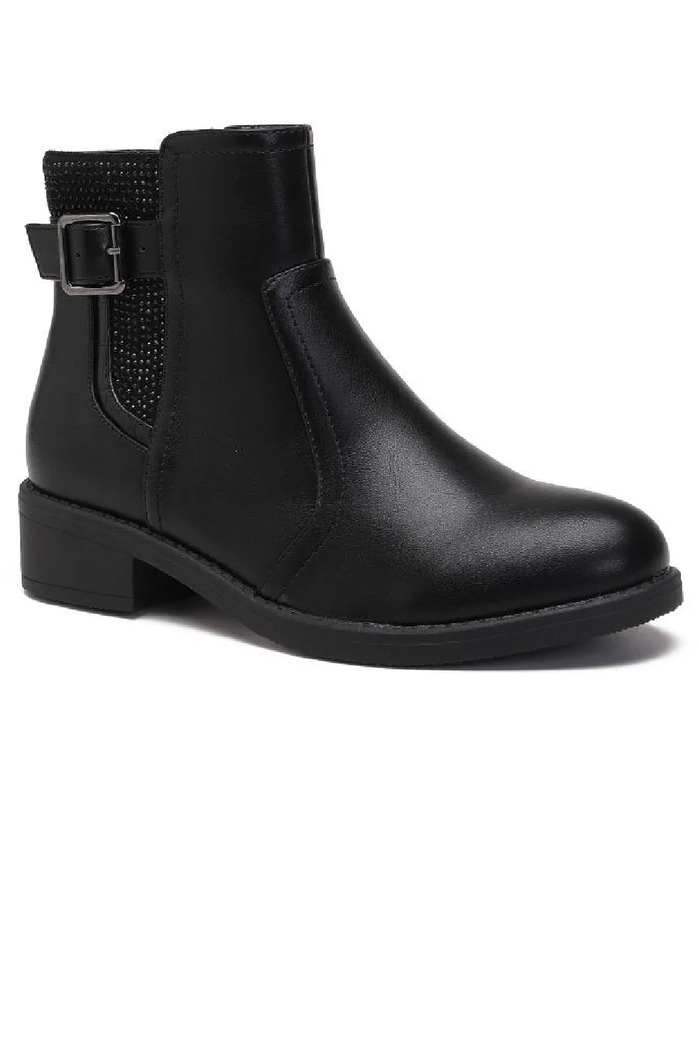 BLACK FLAT BUCKLE DIAMANTE DETAIL ELASTICATED CHELSEA ANKLE BOOTS