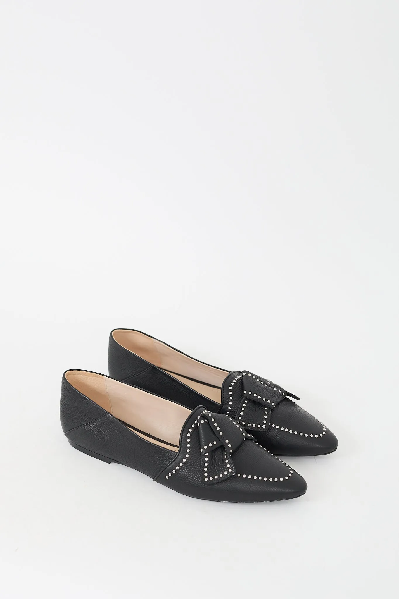 Black Leather Studded Bow Flat