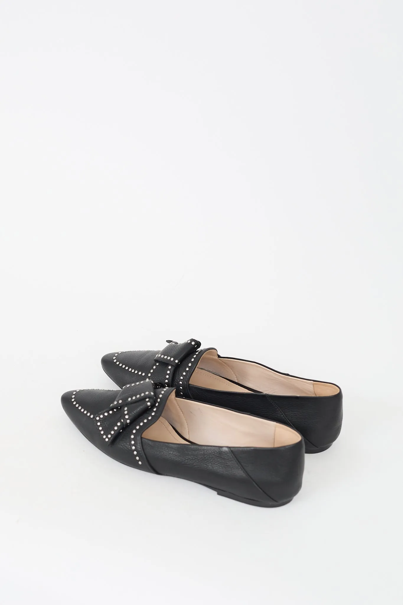 Black Leather Studded Bow Flat