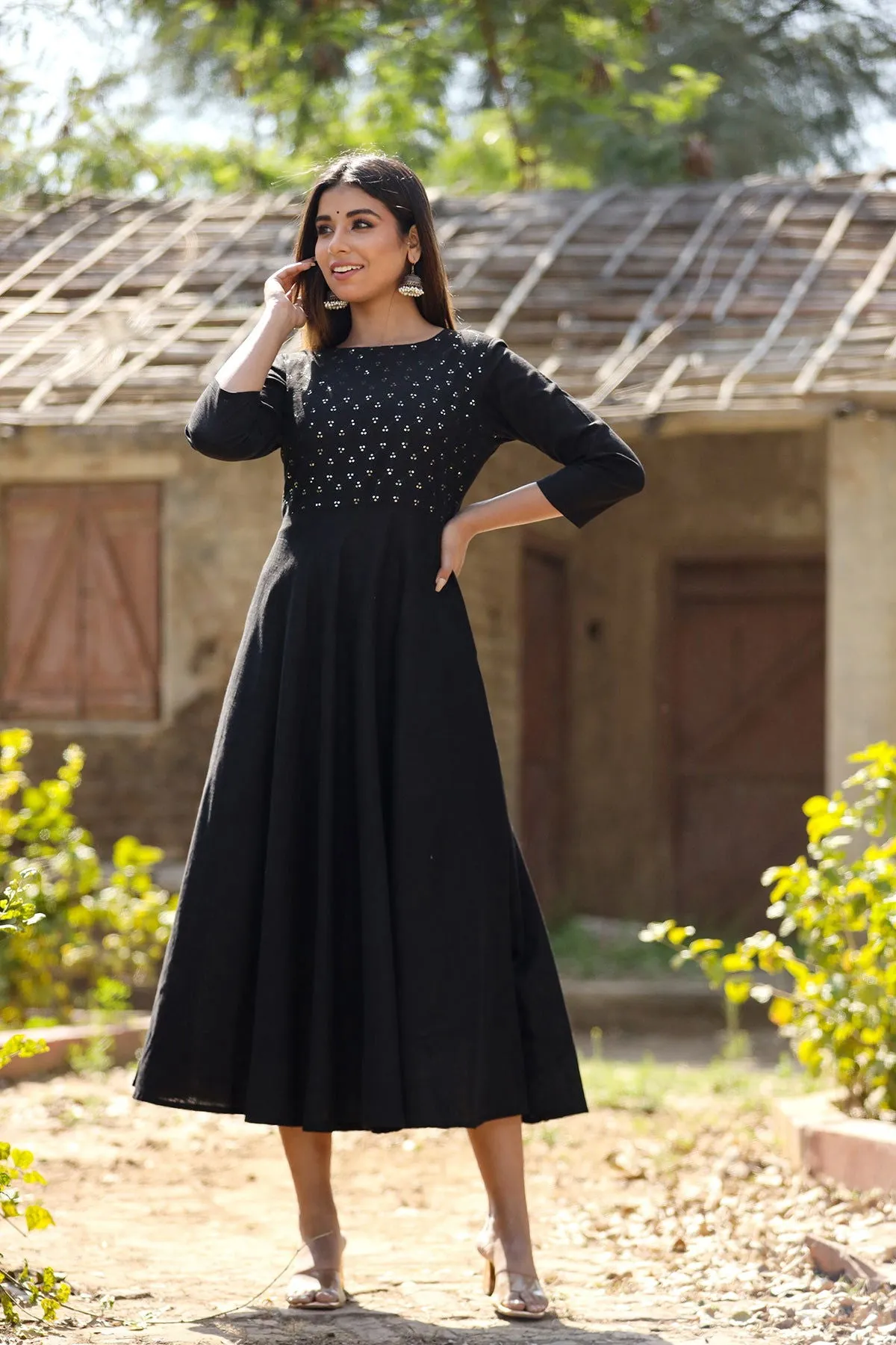 Black Sequin Cotton Anarkali Kurta (pack of 1)