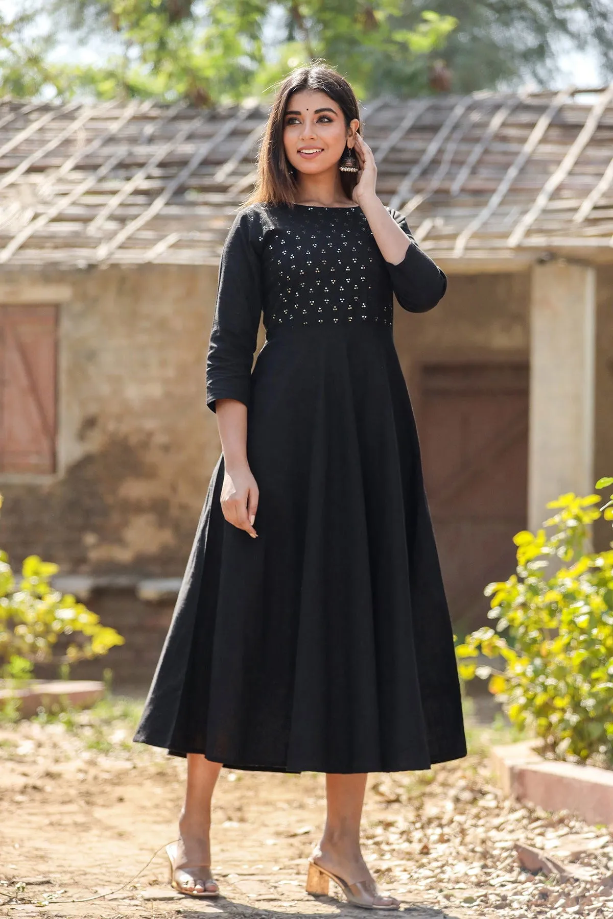 Black Sequin Cotton Anarkali Kurta (pack of 1)