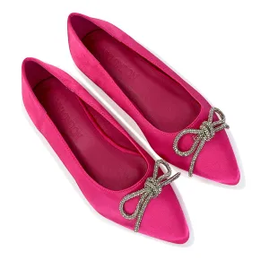 Blossom Diamante Bow Detail Pointed Toe Ballerina Pumps in Fuchsia