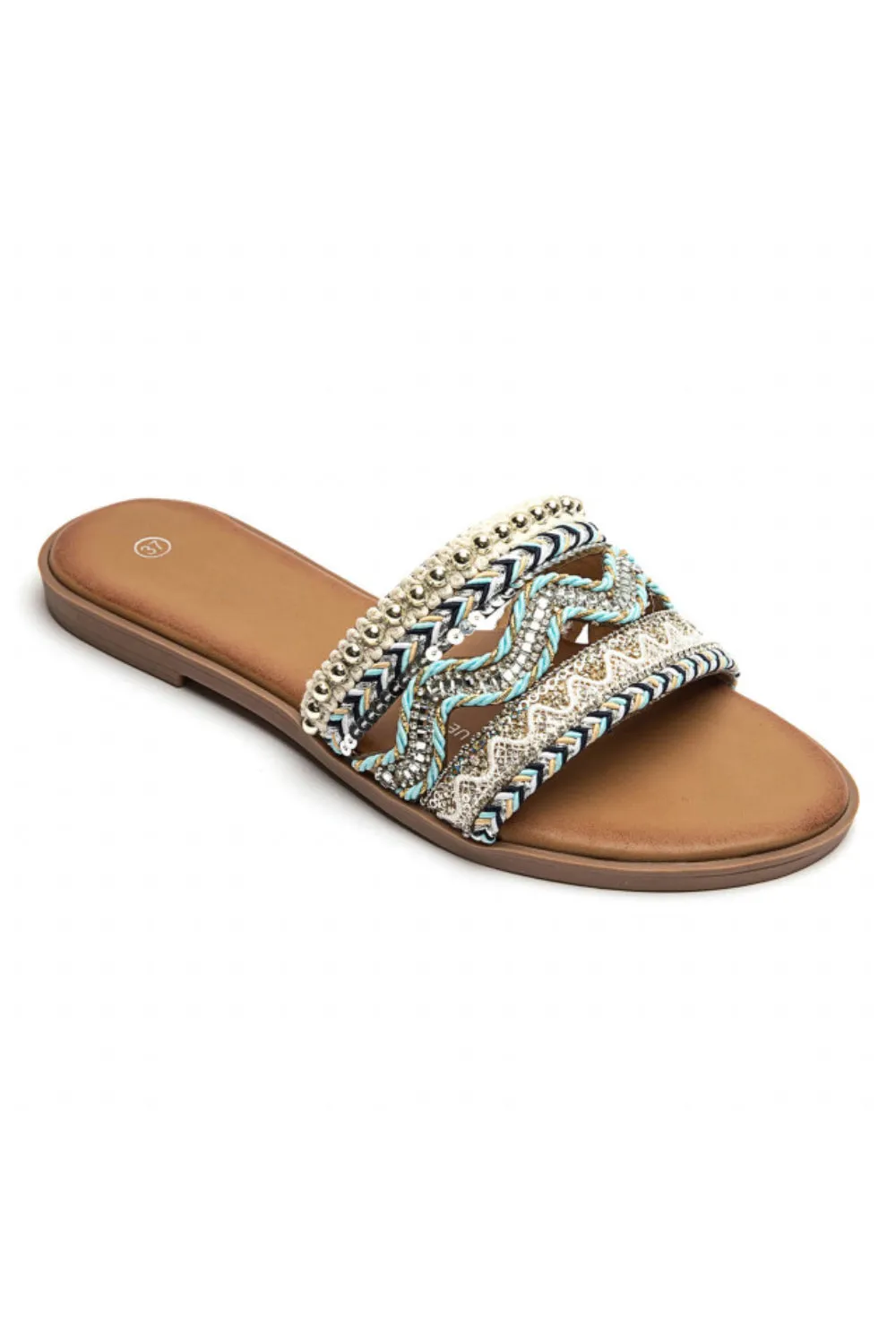 BLUE PATTERN DESIGN FLAT SLIP ON SANDALS