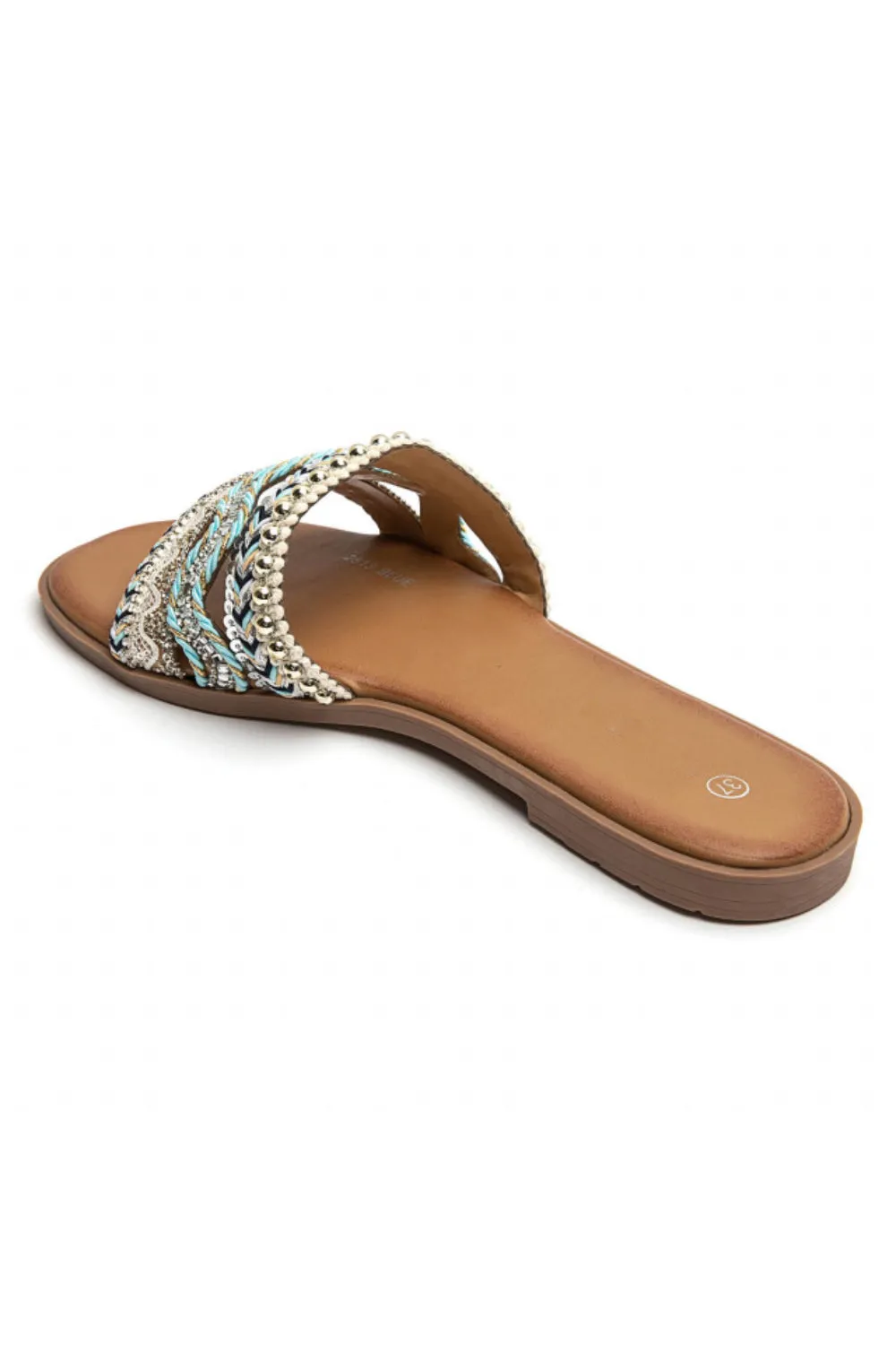 BLUE PATTERN DESIGN FLAT SLIP ON SANDALS