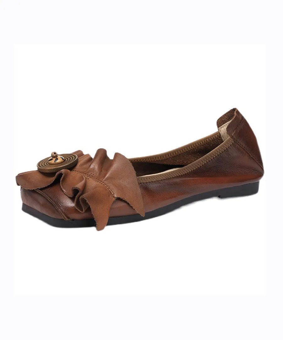 Boutique Brown Cowhide Leather Flat Shoes Splicing Ruffled AG1014