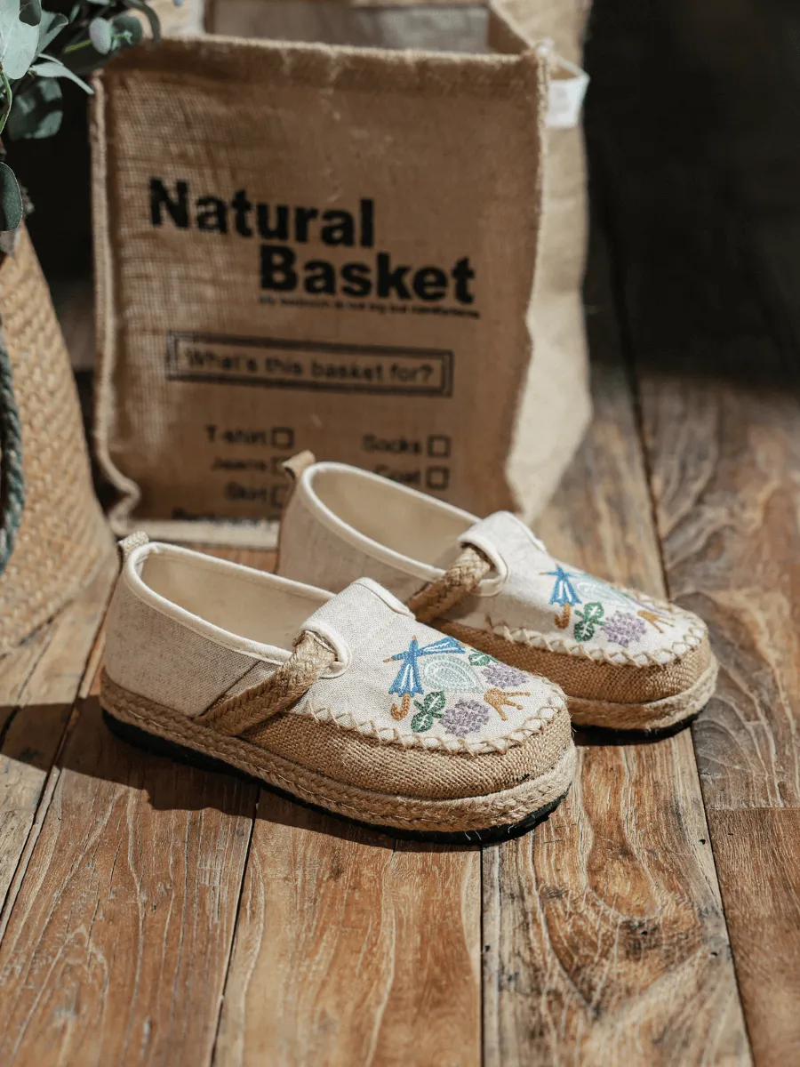 CACTUS ROSE | PATTERN EMBROIDERED LINEN ESPADRILLE LOAFER - BEIGE