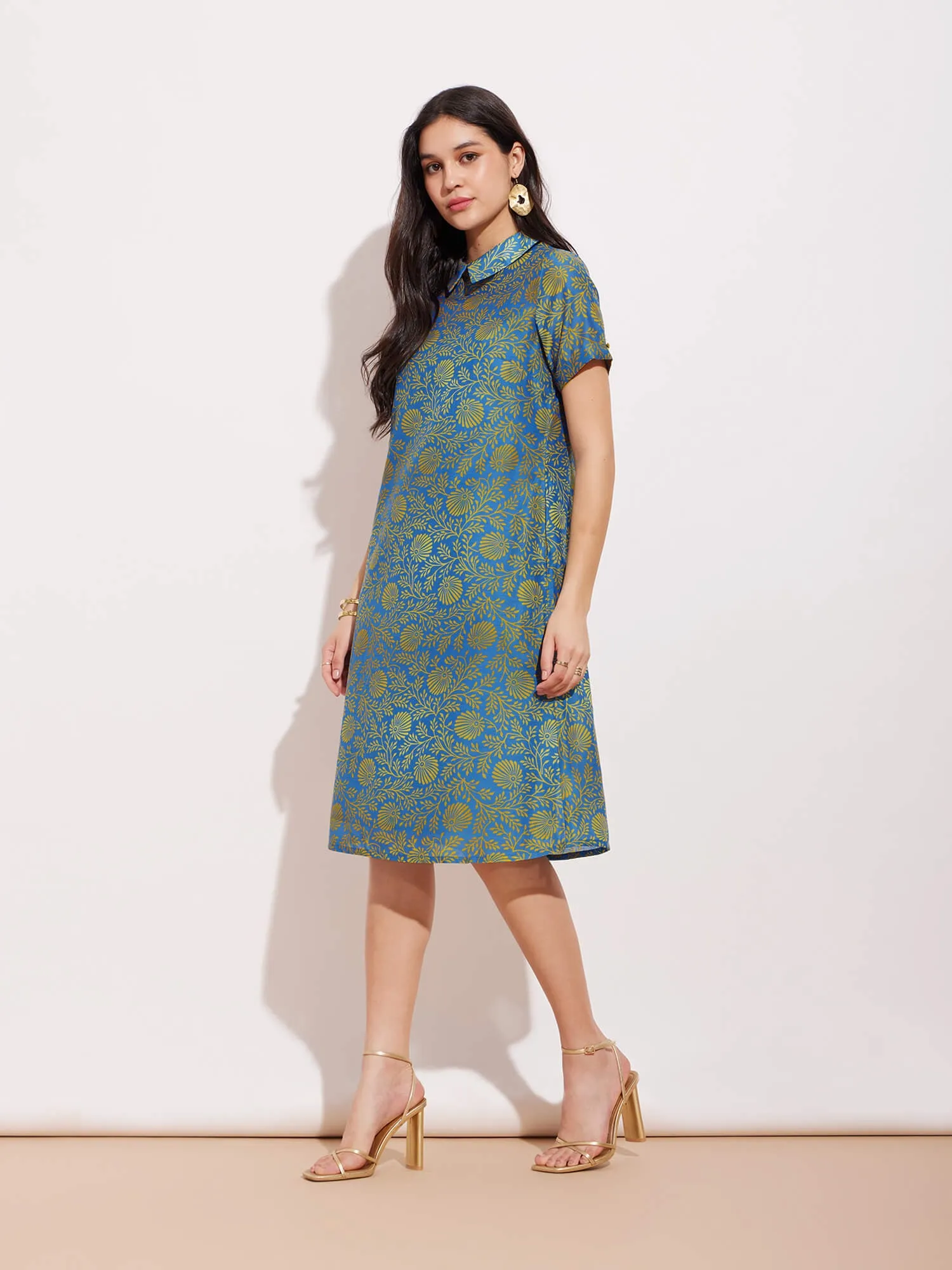 Chanderi Ethnic Motif Dress - Blue