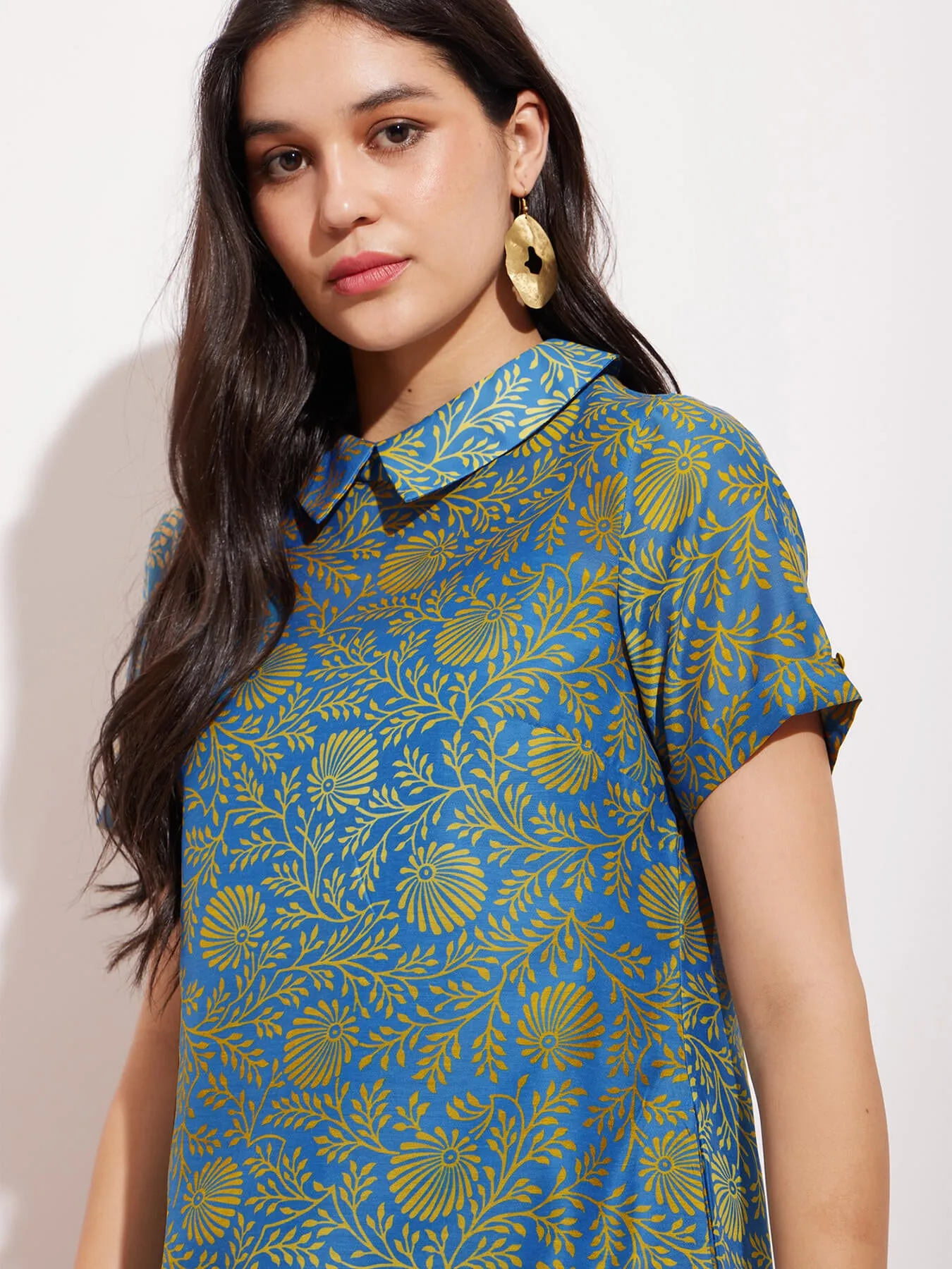 Chanderi Ethnic Motif Dress - Blue