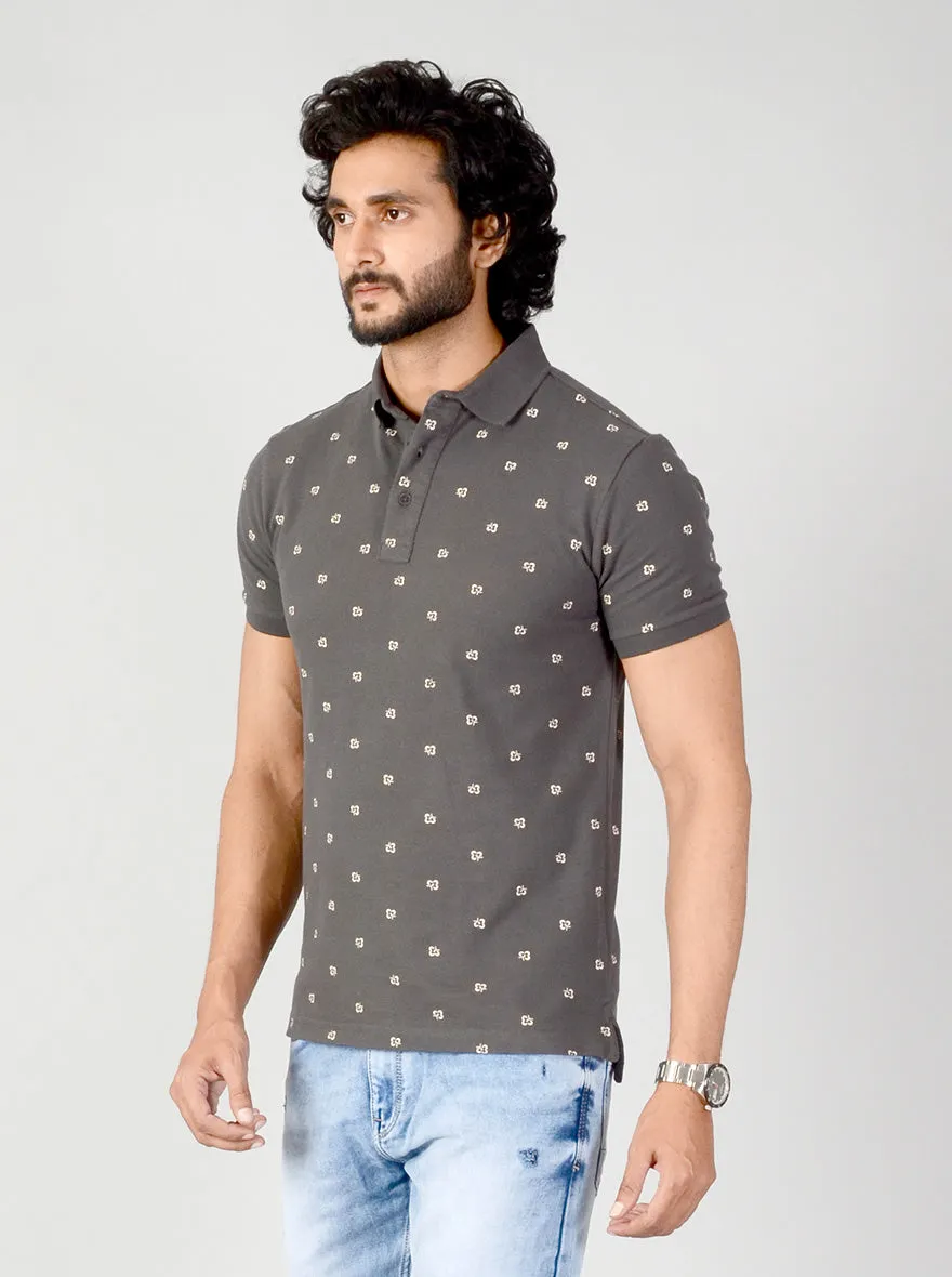 Charcoal Grey Printed Slim Fit Polo T-shirt | JadeBlue