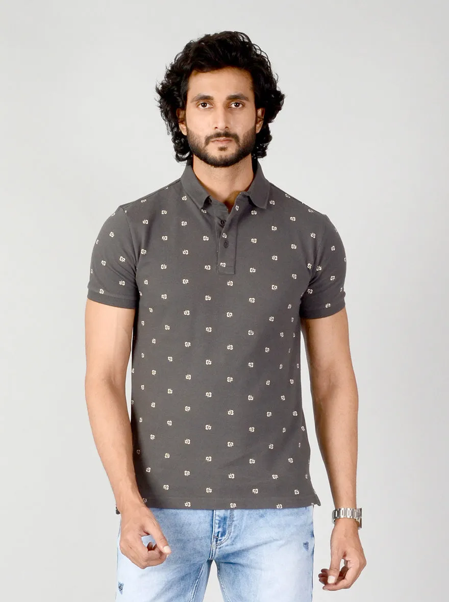 Charcoal Grey Printed Slim Fit Polo T-shirt | JadeBlue