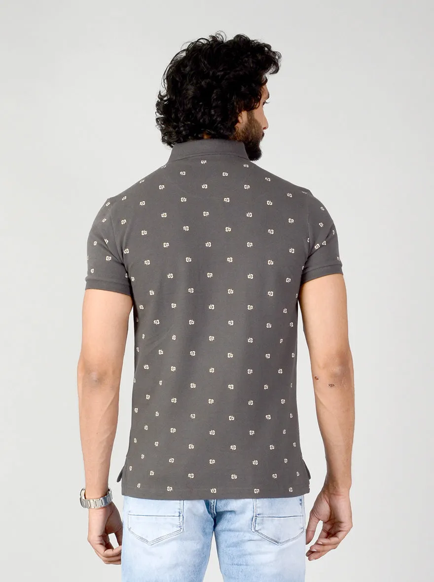 Charcoal Grey Printed Slim Fit Polo T-shirt | JadeBlue