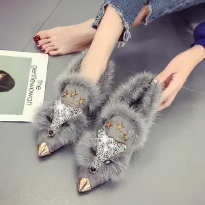 Crystal fox pattern winter flats ladies shoes