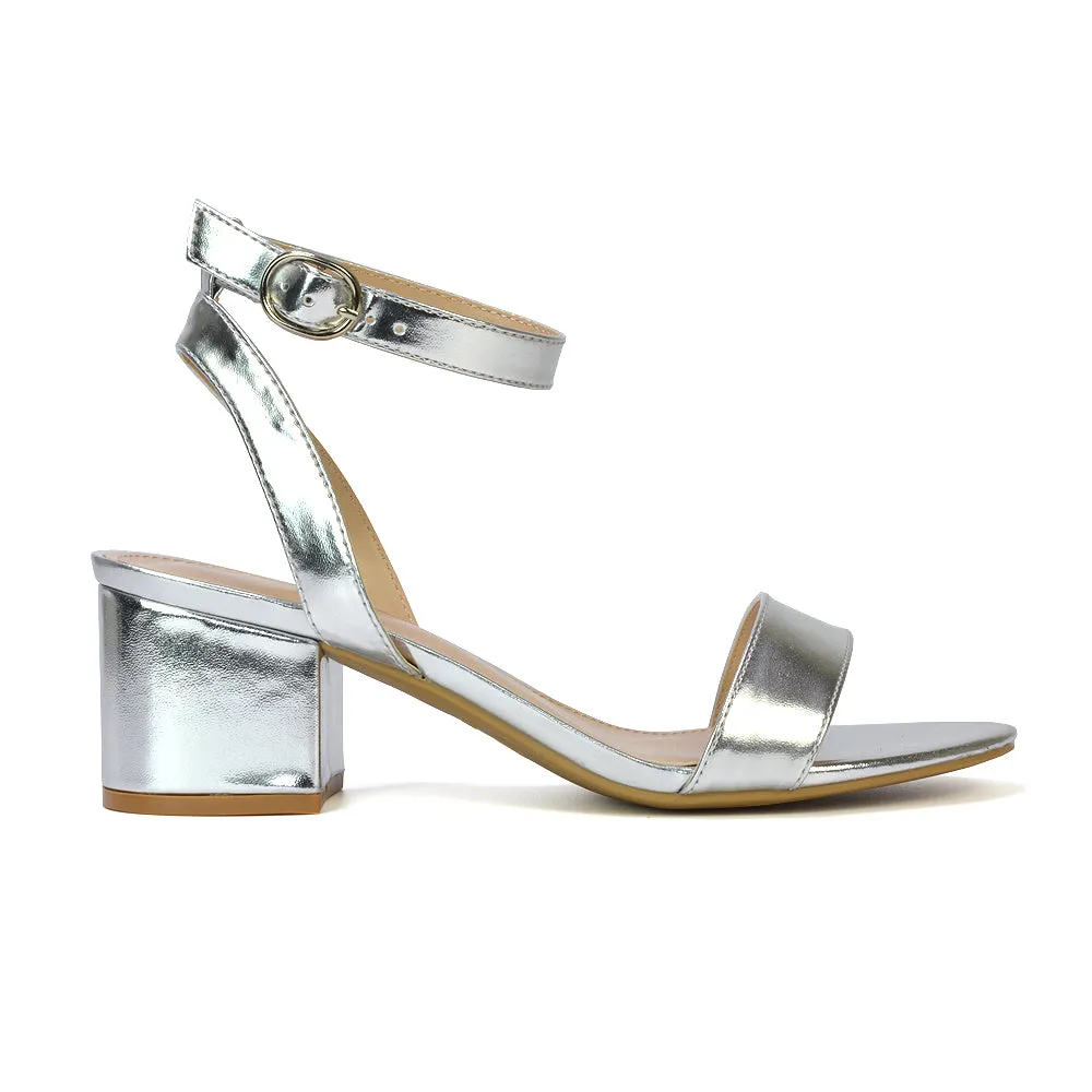 Dala Wide Fit Strappy Open Toe Mid Block Heel Sandals in Silver