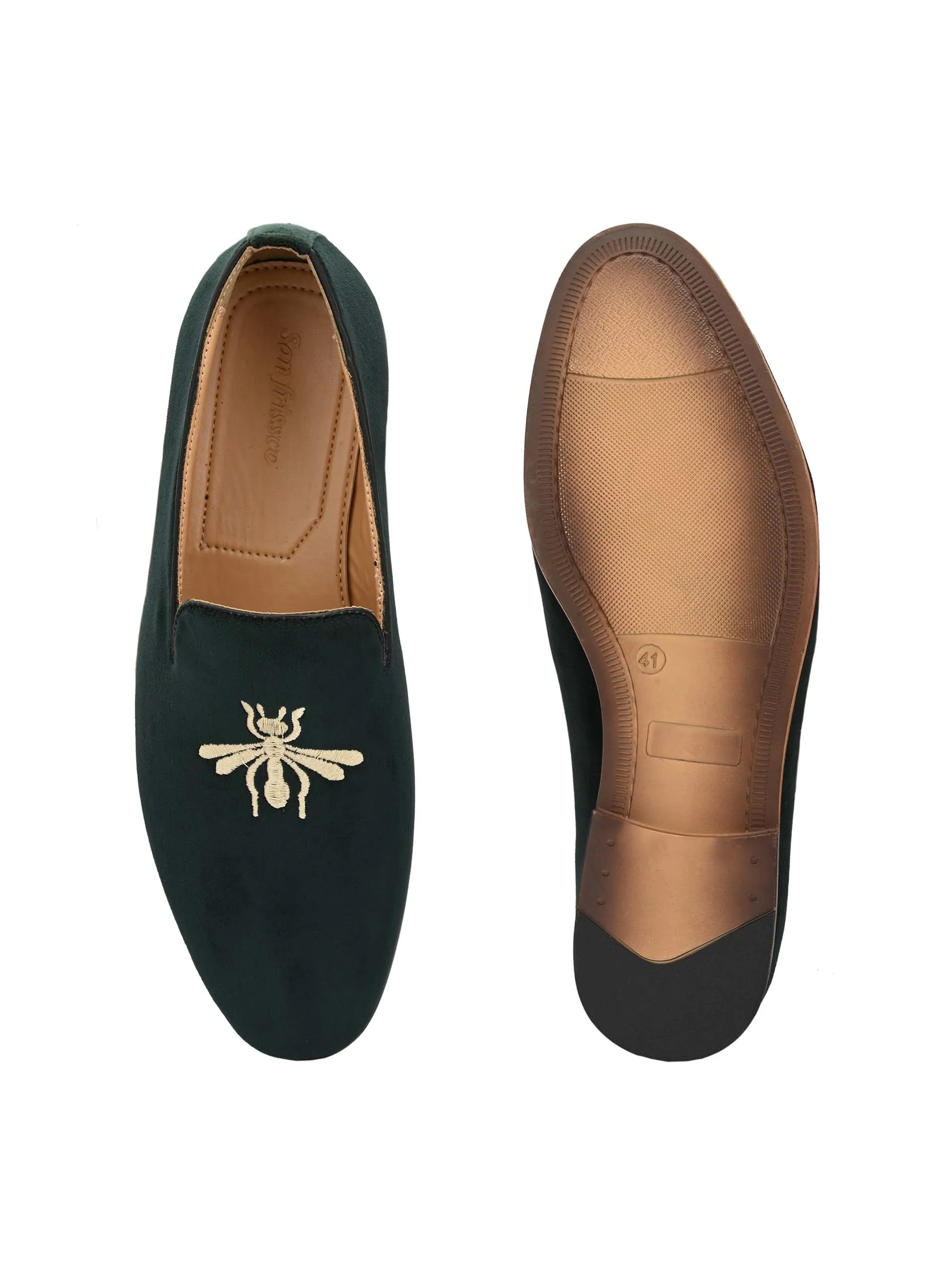 Dark Green Embroidered Loafers