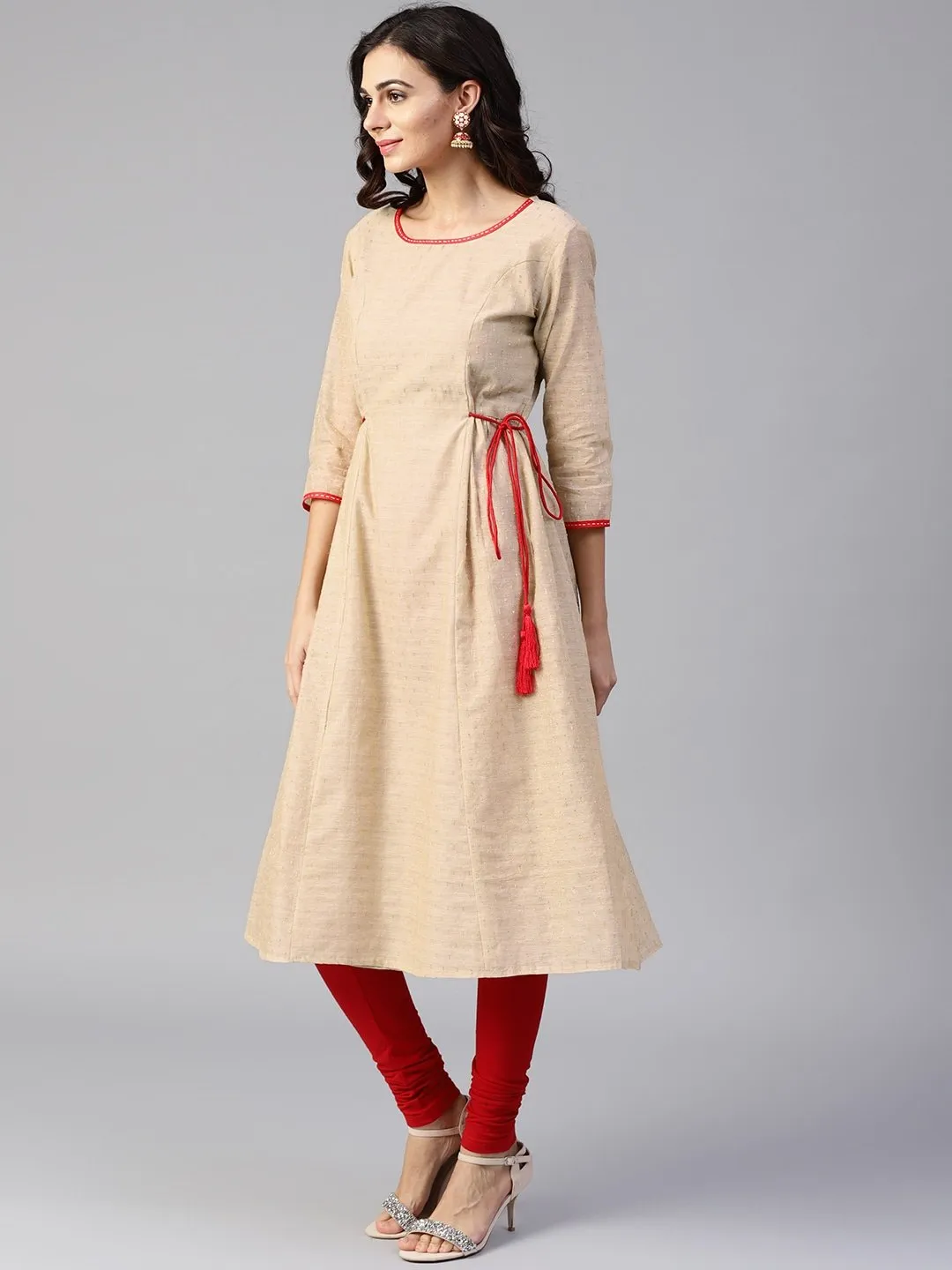 DRESS - Women Beige Woven Design A-Line dress