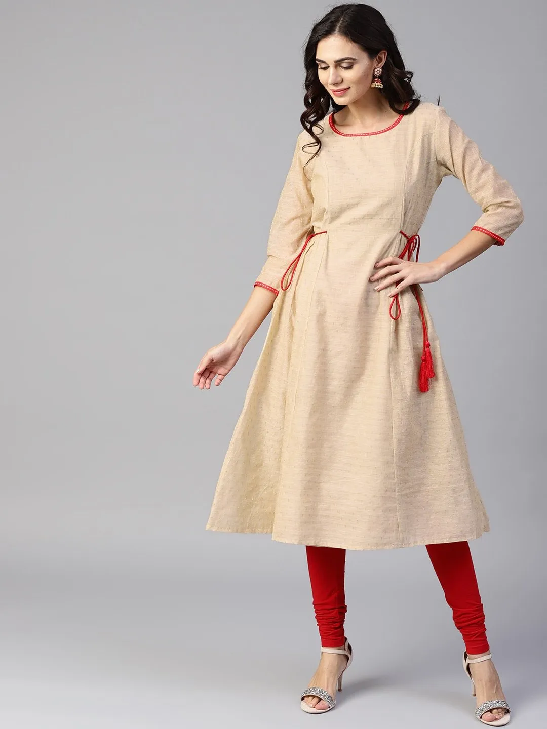 DRESS - Women Beige Woven Design A-Line dress