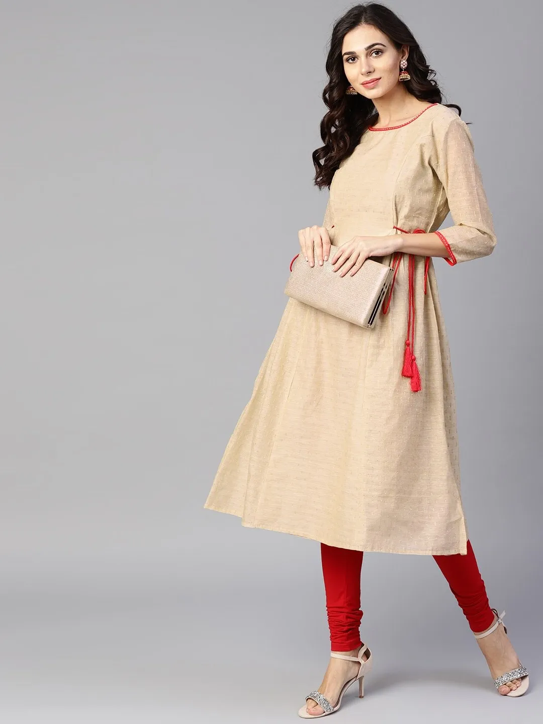 DRESS - Women Beige Woven Design A-Line dress