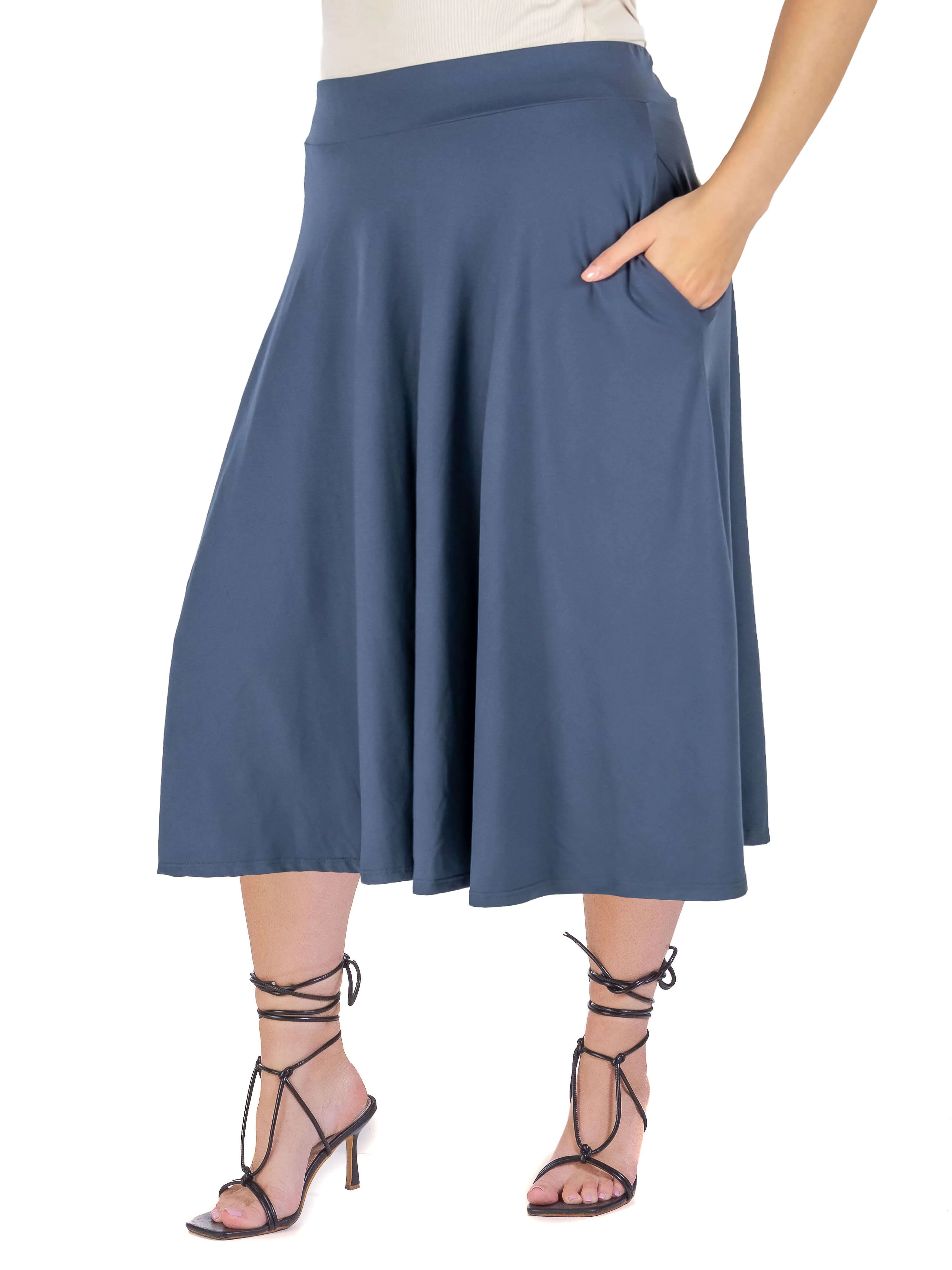 Elastic Waist Pleated Pocket Plus Size Midi Skirt