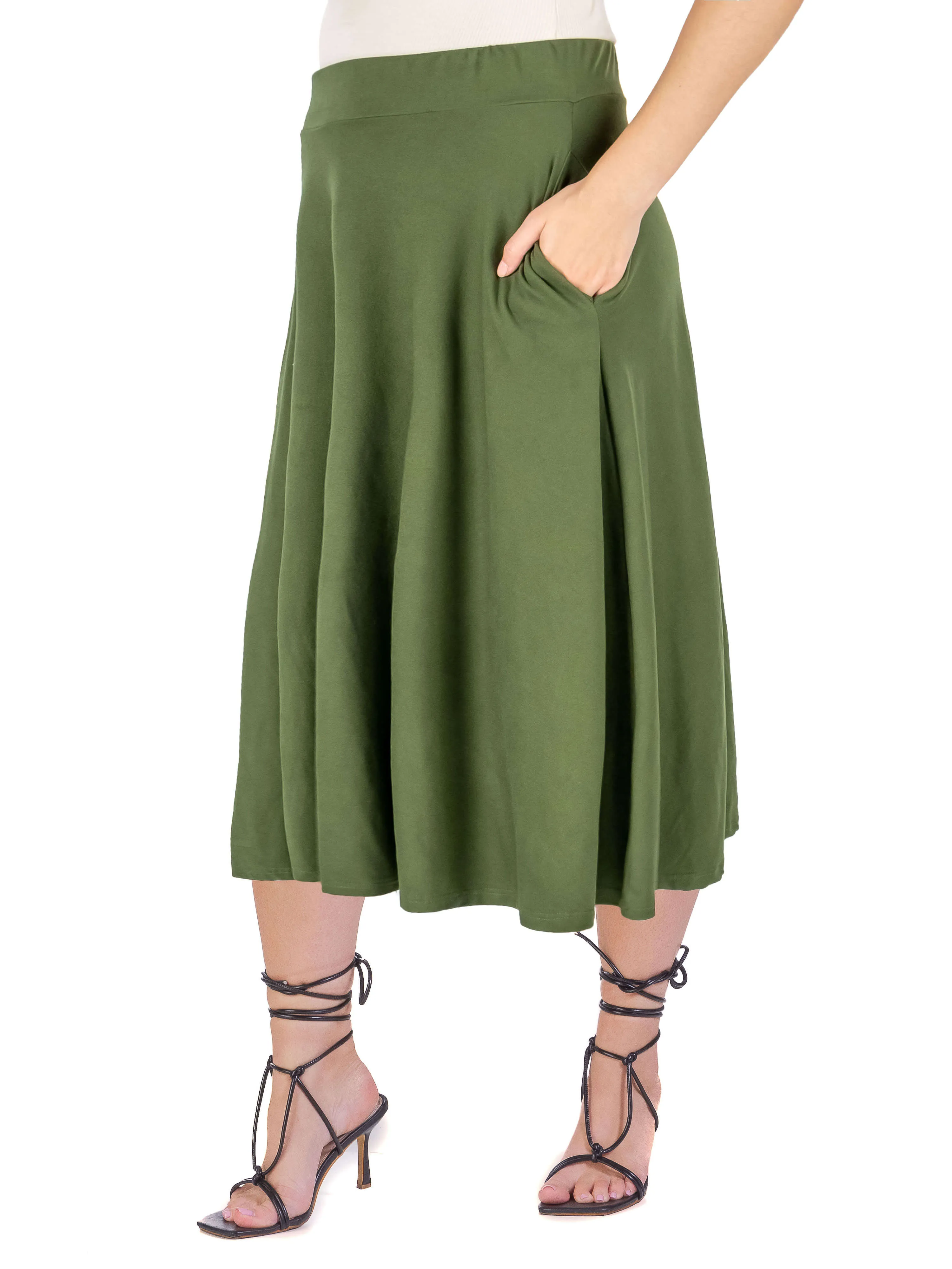 Elastic Waist Pleated Pocket Plus Size Midi Skirt