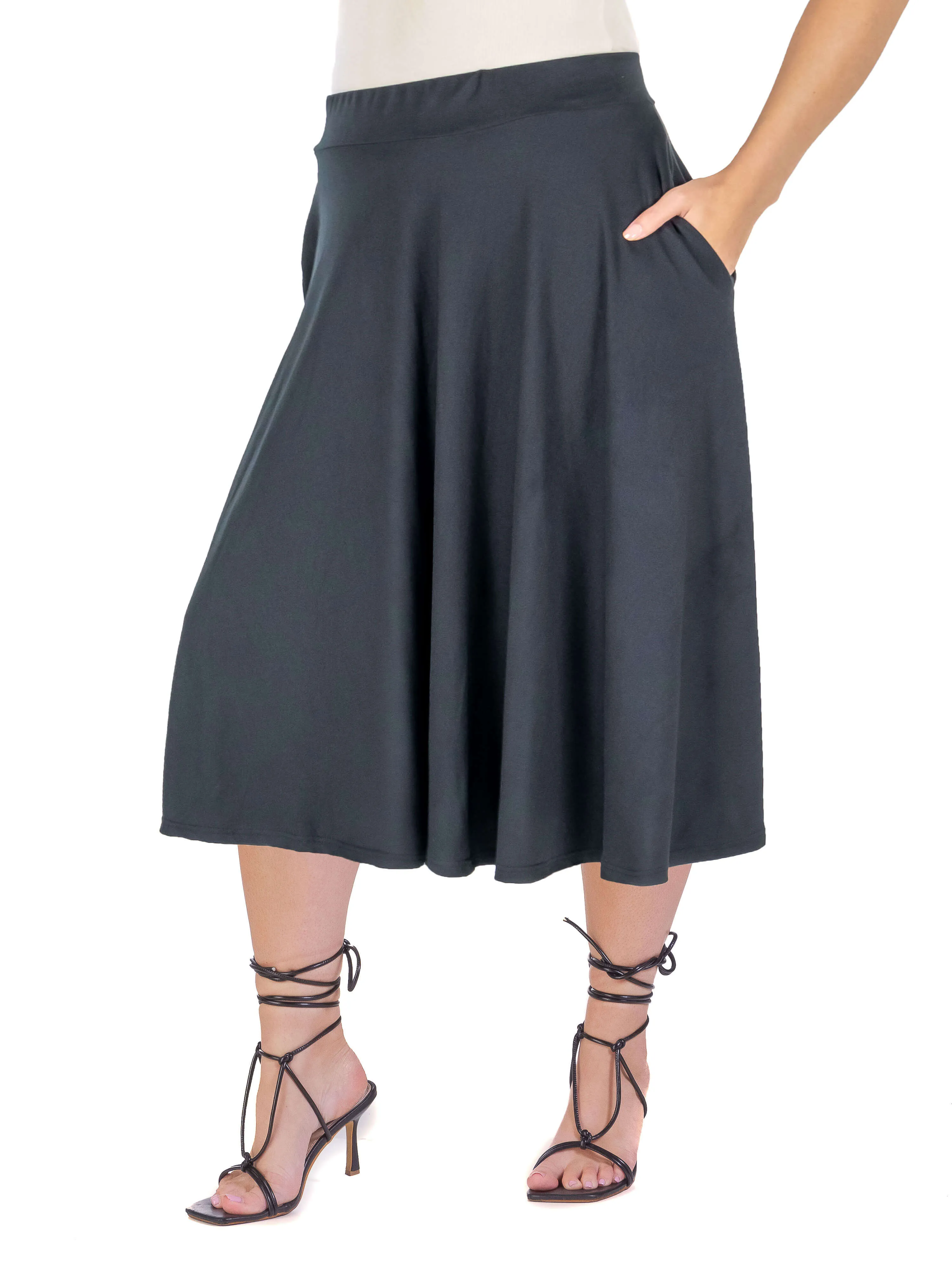 Elastic Waist Pleated Pocket Plus Size Midi Skirt