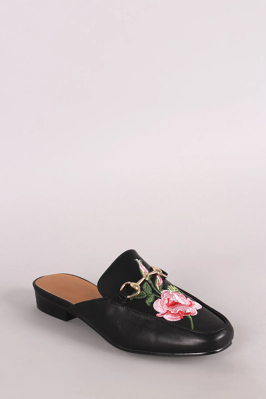 Embroidered Floral Horsebit Slip On Mule Flat