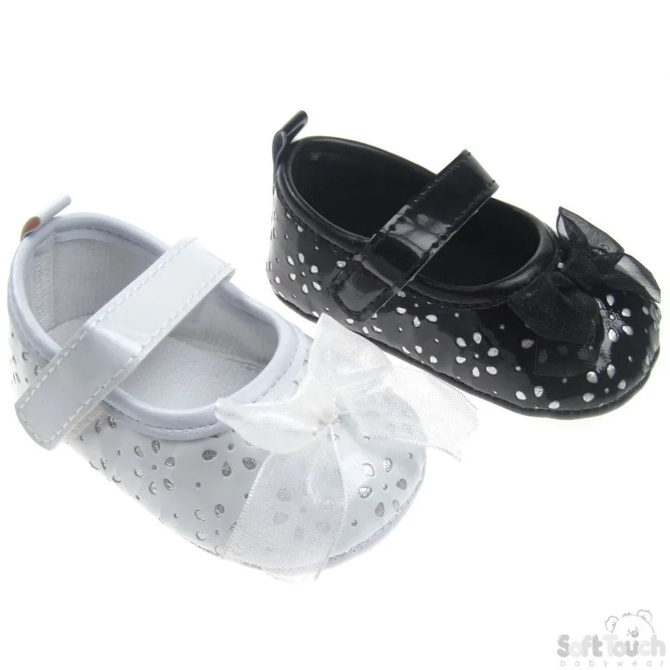 GIRLS PU SHOES W/ORGANZA BOW, FLOWER DESIGN & VELCRO FASTENER: B2110