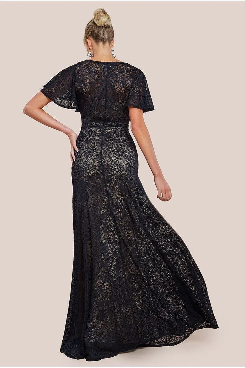 Goddiva Flutter Sleeve Lace A-Line Maxi Dress - Black