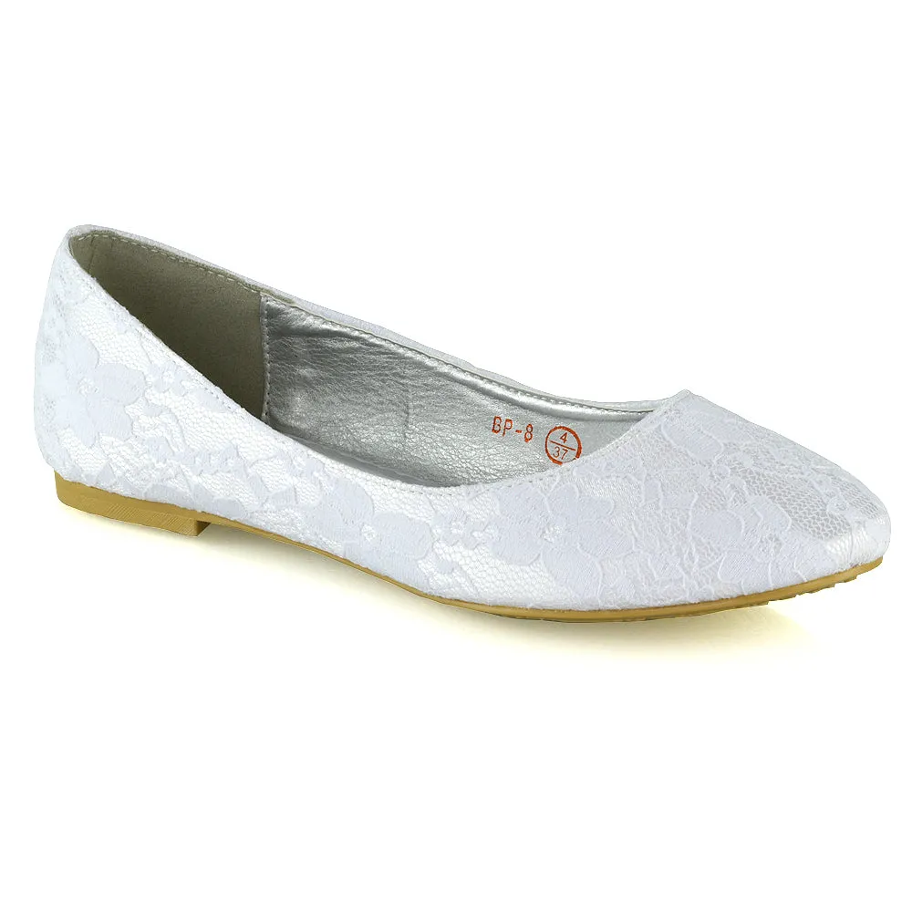 Keva Round Toe Lace Detail Slip on Wedding Flats Ballerina Bridal Pumps In White Satin