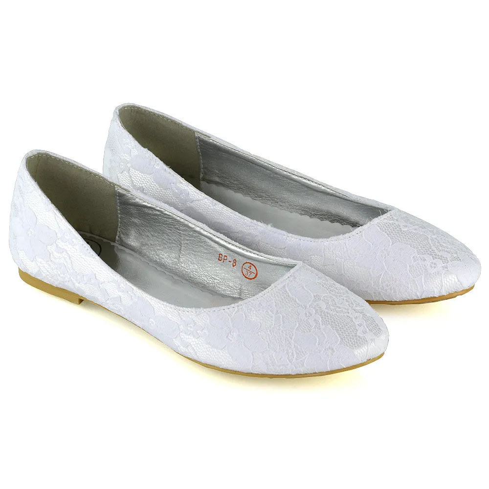 Keva Round Toe Lace Detail Slip on Wedding Flats Ballerina Bridal Pumps In White Satin