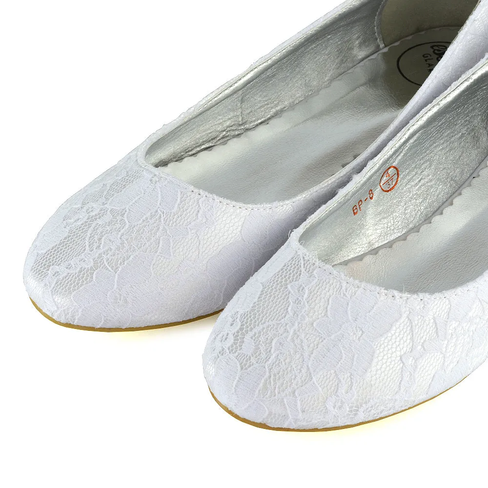 Keva Round Toe Lace Detail Slip on Wedding Flats Ballerina Bridal Pumps In White Satin