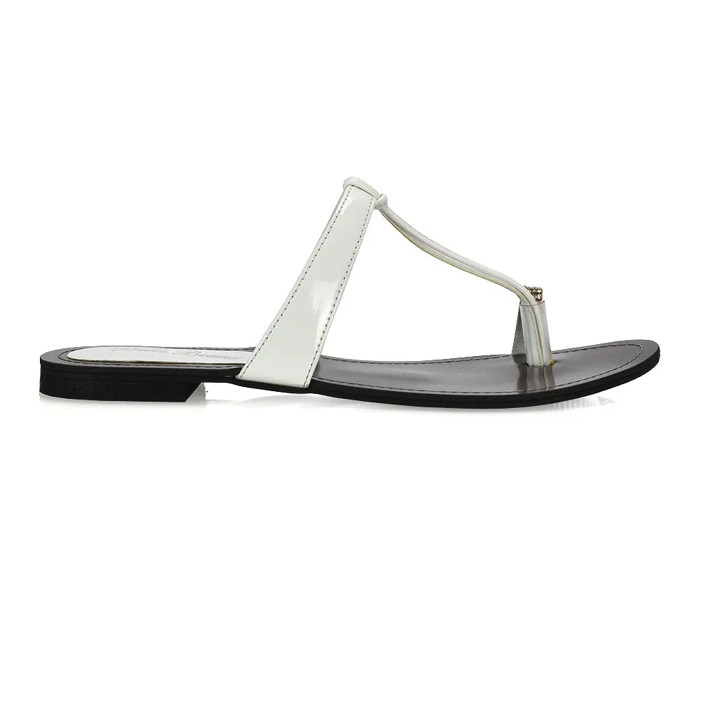 Lala Flat Strappy Diamante Detail Toe Ring Slider Summer Sandals in Silver