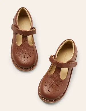 Leather T-bar Flats-Tan