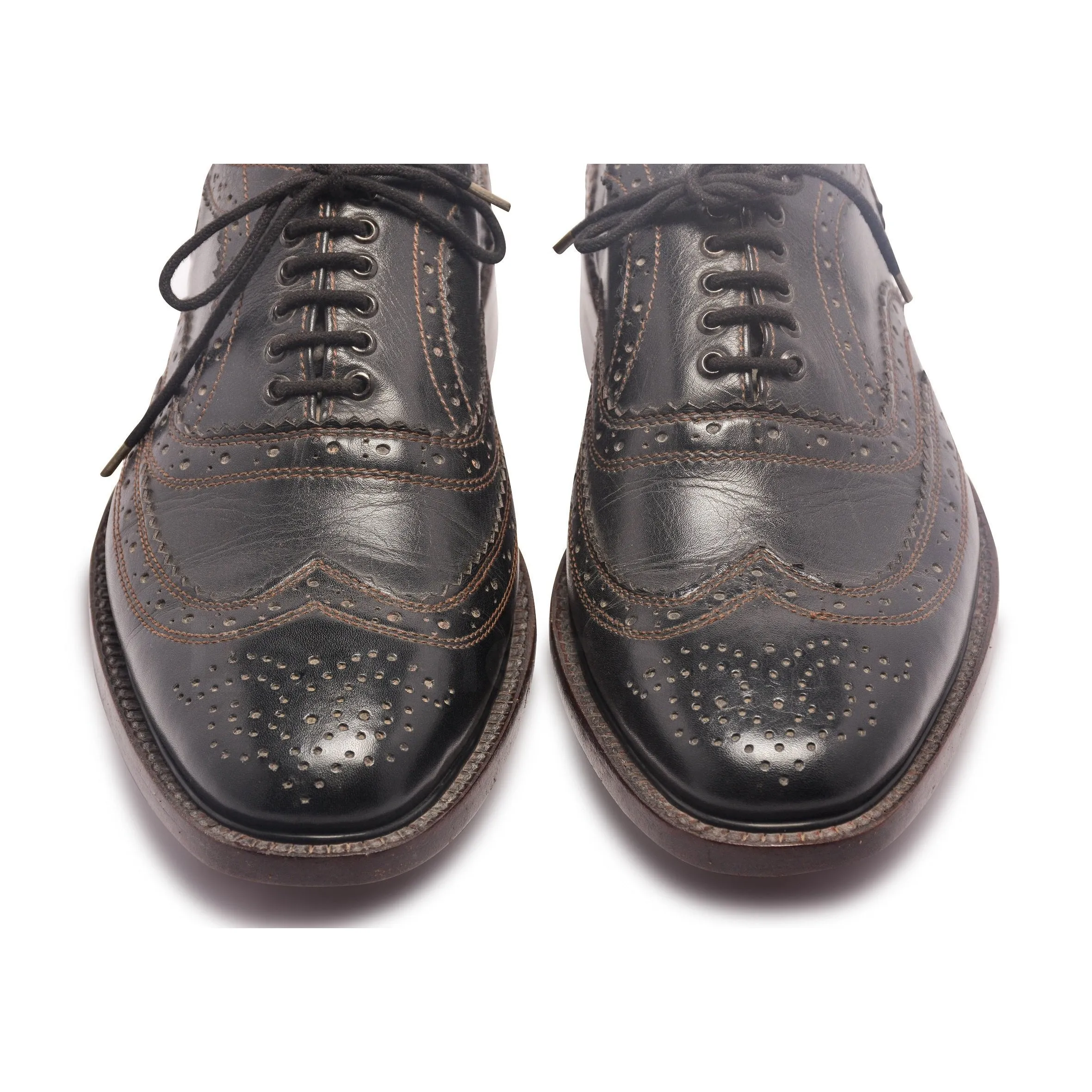 Mens Black Oxford Wingtip Brogue Shoes with Brown stitching