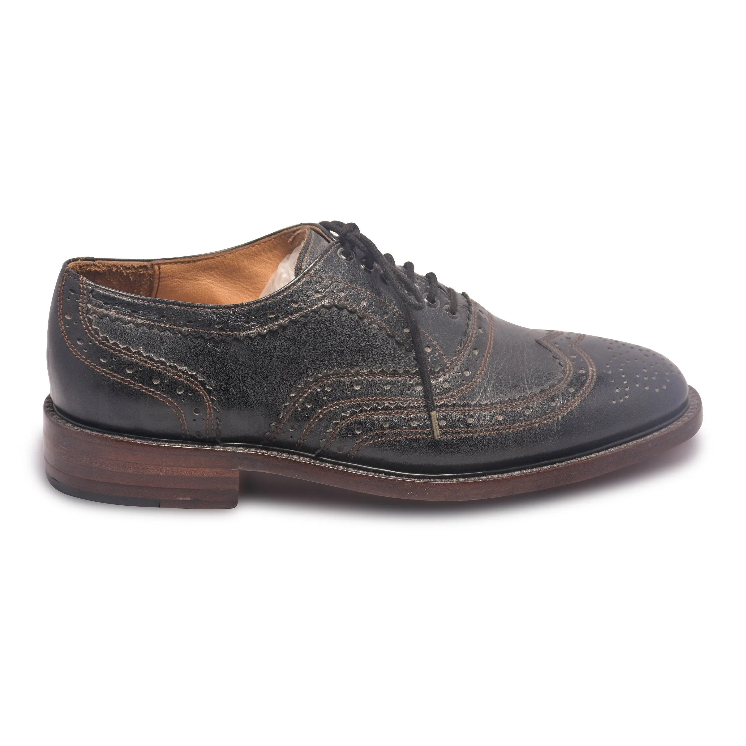 Mens Black Oxford Wingtip Brogue Shoes with Brown stitching